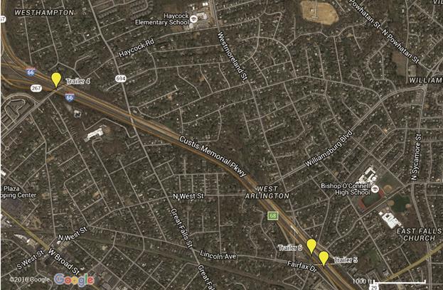 Figure 33. Map. Test segment and trailer locations. This map shows the locations of three trailers on a map of the I-66 test area in Arlington, VA. Trailer 4 is located east of the 267 interchange, trailer 6 is west of Fairfax Drive, and trailer 5 is west of Fairfax Drive.