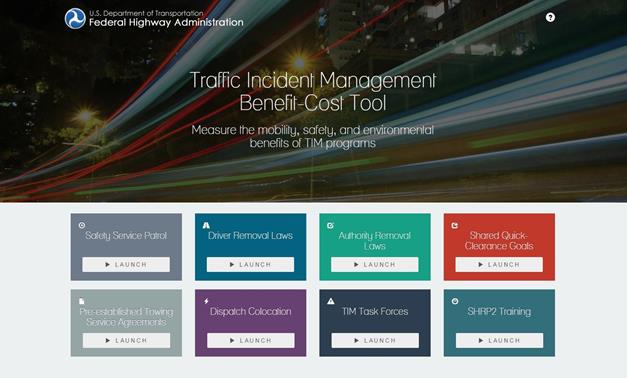 Figure 15. SCREENSHOT. Traffic Incident Management Benefit-Cost TOOL NAVIGATION PAGE WITH PANELS LINKING TO ALL EIGHT SUBTOOLS. In this screen capture of the Traffic Incident Management Benefit-Cost Tool Web page, the user may elect to launch any of eight individual tools designed to allow the user to measure the mobility, safety, and environmental benefits of Traffic Incident Management (TIM) programs. These tools include benefit-cost estimation tools for safety service patrols, driver removal laws, authority removal laws, shared quick-clearance goals, pre-established towing service agreements, dispatch colocation, TIM task forces, and Strategic Highway Research Program 2 (SHRP2) training.