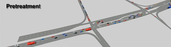 This screenshot shows software animation of a signalized diamond interchange, and is labeled “Pretreatment.” The simulated interchange exhibits significant traffic congestion and queuing on multiple approaches.