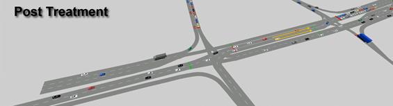 This screenshot shows post-treatment dynamic reversible left-turn (DRLT) lanes at a signalized diamond interchange. It is labeled “Post Treatment” and shows a simulation where DRLT lanes are utilized, alleviating congestion and allowing more vehicles to travel more efficiently.