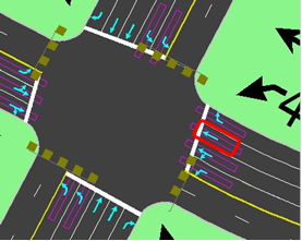 This illustration shows the turn movements allowed from each lane (i.e., lane assignments) before dynamic lane grouping (DLG) for case study 1. The westbound approach only allows right turns to be made from the exclusive right-turn pocket.