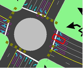 This illustration shows the turn movements allowed from each lane (i.e., lane assignments) after dynamic lane grouping (DLG) for case study 1. The westbound approach allows right turns to be made from two lanes (i.e., one exclusive right-turn lane and one through-plus-right-turn lane).