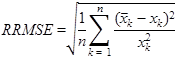 RRMSE equals the square root of 1 divided by n times the sum from k equals 1 to n times open parenthesis x bar subscript k minus x subscript k closed parenthesis squared over x squared subscript k.