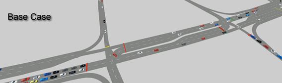 This screenshot shows VISSIM ™ animation for the signalized diamond interchange of Georgetown Pike and Interstate 495 in McLean, VA. Lane configuration is conventional, and significant queue lengths are visible on multiple approaches.