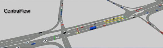 This screenshot shows VISSIM ™ animation for the signalized diamond interchange of Georgetown Pike and Interstate 495 in McLean, VA. Lane configuration is dynamic reversible left turn (DRLT) style, and queue lengths are insignificant.