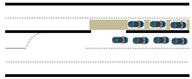 This illustration shows the expected contraflow left-turn (CLT) lane utilization under medium left-turn (LT) demand. There is a queue of four vehicles in the conventional LT pocket, and there is a queue of three vehicles in the CLT pocket.