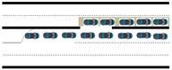 This illustration shows the expected contraflow left-turn (CLT) lane utilization under high left-turn (LT) demand. There is a queue of eight vehicles in the conventional LT pocket, and there is a queue of five vehicles in the CLT pocket.
