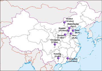 This map of China has pin icons indicating locations where contraflow left turns (CLTs) have either been implemented or planned for the future. The locations include Hohhot (18 sites), Shijiazhuang (no currently applicable sites), Jinan (no currently applicable sites), Heze (no currently applicable sites), Handan (15 sites), Jiaozuo (1 site), Chongqing (1 site), Nanning (1 site), and Shenzhen (10 sites). 