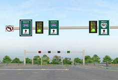 On-peak upstream signalized intersection (DRLT). This image shows three guide signs above a signalized intersection mounted on a cantilever structure. On the far-left lane, there is a no left turn arrow, as well as a changeable guidance sign that reads “South 495” with an arrow pointing straight through the intersection. The middle lane has a static sign displaying the same message. The far-right lane has a static sign reading “West 193” with an arrow pointing straight through the intersection.