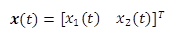 This equation gives the state vector of the vehicle as a function of time, or bold x of t. Bold x of t consists of two elements. The first element of bold x of t is the vehicle's distance from the origin as a function of time (x subscript one of t). The second element of bold x of t is the vehicle's instantaneous speed as a function of time (x subscript two of t). The elements are arranged in a row vector in brackets and the transpose is taken (open bracket x subscript one of t and x subscript two of t close bracket superscript T).