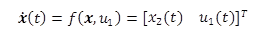 This equation gives the state dynamics as a function of time, or bold x dot of t, which is a function of the state vector and the vehicle's acceleration, or f of bold x, u subscript one. Bold x dot of t consists of two elements. The first element of bold x dot of t is the vehicle's instantaneous speed as a function of time, (x subscript two of t). The second element of bold x dot of t is the vehicle's acceleration as a function of time (u subscript one of t). The elements are arranged in a row vector and the transpose is taken (open bracket x subscript two of t and u subscript one of t close bracket superscript T).