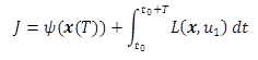 This equation gives the cost function for the system, or J. To calculate J, the terminal cost as a function of the vehicle state vector at the end of the route (Psi of bold x of capital T) is added to the integral of the running cost as a function of the vehicle state vector and the vehicle acceleration taken over the time of the experiment (integral from t subscript zero to t subscript zero plus capital T of L of bold x, u subscript one times dt).