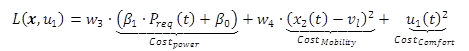 This equation gives the running cost of the system as a function of the system state vector and the vehicle acceleration, or capital L as a function of bold x, u subscript one. To calculate capital L as a function of bold x, u subscript one, the product of the third weighting factor (w subscript three) and the sum of the zeroth linear curve fitting coefficient (Beta subscript zero) and the product of the first linear curve fitting coefficient (Beta subscript one) and the requested power as a function of time (P subscript req of t) is added to the product of the fourth weighting factor (w subscript four) and the square of the test road speed limit (v subscript l) subtracted from the vehicle's instantaneous speed as a function of time (x subscript two of t). This quantity is added to the square of the vehicle's acceleration as a function of time (u subscript one of t).