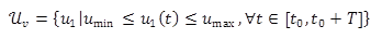This equation gives the acceleration constraint for the eco-drive controller, or U subscript v. U subscript v is equal to the vehicle acceleration (u subscript 1) such that the acceleration as a function of time (u subscript 1 of t) is greater than the minimum acceleration (u subscript min) and is less than the maximum acceleration (u subscript max) for all values of time (t) between the initial time (t subscript zero) and the initial time (t subscript zero) plus the duration of the experiment (capital T).