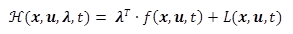 This equation gives the Hamiltonian as a function of the current state vector of the vehicle, the controlled acceleration vector of the vehicle, the gradient vector of the total cost-to-go of the state, and time, or H of bold x, bold u, bold lambda, t. To calculate H of bold x, bold u, bold lambda, t, the product of the gradient vector of the total cost-to-go (bold lambda superscript T) and the function of the current state vector, the controlled acceleration vector, and time (f of bold x, bold u, t) is added to the running cost as a function of the current state vector, the controlled acceleration vector, and time (L of bold x, bold u, t).