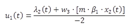 This equation gives the vehicle acceleration as a function of time, or u subscript one of t. U subscript one of t equals half of the negative of the sum of lambda subscript two of t and the product of w subscript three, m, beta subscript one, and x subscript two of t.