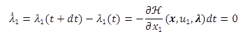 This equation gives the cost function with the second necessary condition applied to the first co-state variable, or lambda dot subscript one. Lambda dot subscript one equals lambda subscript one of t plus dt minus lambda subscript one of t. This equals the negative of del H over del x subscript one as a function of bold x, u subscript one, and bold lambda, times dt. This equals zero.