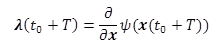 This equation gives the desired final condition of the co-state vector, or bold lambda of t subscript zero plus capital T. Bold lambda of t subscript zero plus capital T equals the partial derivative with respect to bold x of Psi as a function of bold x as a function of t subscript zero plus capital T.