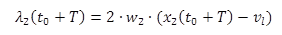 This equation gives the final condition for the second co-state, or lambda subscript two of t subscript zero plus capital T. Lambda subscript two of t subscript zero plus capital T equals the product of two, w subscript two, and open parenthesis x subscript two of t subscript zero plus T minus v subscript l, close parenthesis.