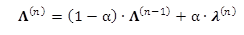 This equation gives the co-state for the system, or capital Lambda superscript n. To calculate capital Lambda superscript n, the weighting factor (alpha) is subtracted from one and the result is multiplied by the co-state for the system from the previous iteration (capital Lambda superscript n minus one). The result is added to the product of the weighting factor (alpha) and the gradient of the total cost-to-go of the state (lowercase lambda superscript n).