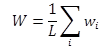 This equation gives the overall waviness of a route segment, or W. To calculate W, divide the summation of all values of subsegment waviness (w subscript i) for all values of i by the overall length of the route (L).