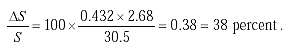 The quotient of Capital Delta Capital S divided by Capital S is equal to the product of 100 times the quotient of the product of 0.432 times 2.68 over 30.5 which is equal to 0.38 which is equal to 38 percent.