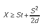 Capital X is greater than or equal to the sum of the product of Capital S times T plus the quotient of Capital S squared over the product of 2 times D