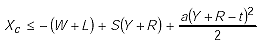 Capital X subscript C is less than or equal to the sum of the negative of the sum of capital W and capital L all plus the product of capital S times the sum of capital Y and capital R all plus the quotient of the product of A times the sum of the quantity capital Y plus capital R minus T end quantity squared over 2.