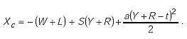 Capital X subscript C is equal to the sum of the negative of the sum of capital W and capital L all plus the product of capital S times the sum of capital Y and capital R all plus the quotient of the product of A times the sum of the quantity capital Y plus capital R minus T end quantity squared over 2.