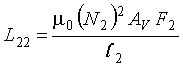 Capital L subscript 22 is equal to the quotient of the product of mu nought times Capital N subscript 2 squared times Capital A subscript capital V times Capital F subscript 2 all over L subscript 2.