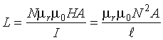 Capital L is equal to the product of Capital N, mu subscript R, mu nought, Capital H and Capital A all divided by capital I, which is equal to the product of mu subscript R, mu nought, Capital N squared, and Capital A all divided by L.