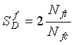 Capital S subscript Capital D superscript F is equal to 2 times the quotient of Capital N subscript F T over capital N subscript F C.