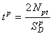 T superscript P is equal to the quotient of the product of 2 times Capital N subscript P T all over Capital S subscript Capital D superscript P.