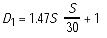 Capital D subscript 1 is equal to the sum of the product of 1.47 times Capital S times T plus the quotient of Capital S squared divided by the product of 30 and F.