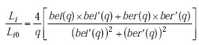 Equation A-19. L subscript I divided by L subscript I0 equals 4 over Q times the quantity of the product in the numerator of the imaginary part of the complex Bessel function of the first kind of Q times the first derivative of the imaginary part of the complex Bessel function of the first kind of Q plus the product of the real part of the complex Bessel function of the first kind of Q times the first derivative of the real part of the complex Bessel function of the first kind of Q, all over the quantity third square of the first derivative of the imaginary part of the complex Bessel function of the first kind of Q plus the square of the real part of the complex Bessel function of the first kind of Q.