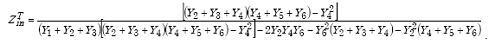 Equation A-68. Capital Z subscript I N superscript capital T equals the quotient of the numerator of the absolute value of the product of the quantity of capital Y subscript 2 plus capital Y subscript 3 plus capital Y subscript 4 end quantity, times the quantity capital Y subscript 4 plus capital Y subscript 5 plus capital Y subscript 6 end quantity, all minus capital Y subscript 4 superscript 2, all over the denominator of the quantity of capital Y subscript 1 plus capital Y subscript 2 plus capital Y subscript 3 end quantity, times the quantity of the product of the quantity of capital Y subscript 2 plus capital Y subscript 3 plus capital Y subscript 4 end quantity, times the quantity of capital Y subscript 4 plus capital Y subscript 5 plus capital Y subscript 6 end quantity, all minus capital Y subscript 4 superscript 2, end product, minus the product of 2, capital Y subscript 2, capital Y subscript 4, and capital Y subscript 6, minus the product of capital Y subscript 6 superscript 2 times the quantity of capital Y subscript 2 plus capital Y subscript 3 plus capital Y subscript 4 end quantity, all minus the product of capital Y subscript 2 superscript 2 times the quantity capital Y subscript 4 plus capital Y subscript 5 plus capital Y subscript 6 end quantity. 