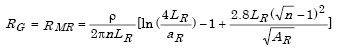 Capital R subscript Capital G equals Capital R subscript Capital M Capital R which in turn equals the product of parenthesis the quotient of lowercase rho times 2 times pi times N times Capital L subscript Capital R parenthesis times parenthesis the summation of the natural logarithm of parenthesis the quotient 4 times Capital L subscript Capital R divided by A subscript Capital R parenthesis minus 1 plus parenthesis the quotient of 2.8 times Capital L subscript Capital R times parenthesis the square-root of parenthesis N parenthesis minus 1 parenthesis squared divided by the square-root of Capital A subscript Capital R parenthesis.