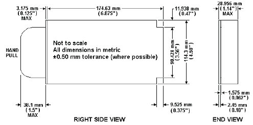 FIGURE [J]6-4. TWO-CHANNEL CARD RACK UNIT. A side profile of the card rack diagram is shown. It has a handle shaped like a reverse C on the left side. A front panel 0.125 inches (3.175 millimeters) thick connects the handle to the rectangular card. The card is 6.875 inches (174.63 millimeters) wide and 4.5 inches (144.3 millimeters) high. The card has an rectangular edge connector on it which is 0.47 inches (11.938 millimeters) below the top of the card. The edge connector is 0.375 inches (9.525 millimeters) wide and 3.56 inches (90.424 millimeters) high. A front view of the card shows the front panel which is 1.14 inches (28.956 millimeters) wide and 4.5 inches (114.3 millimeters) high. The card it is attached to is attached to two elements which are 0.1 inches (2.45 millimeters) and 0.062 inches (1.575 millimeters) thick, respectively.