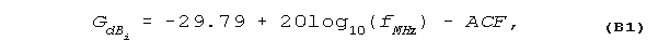 Equation B1 - G subscript dB subscript i = 29.79 + 201og subscript 10 (f subscript MHz) - ACF,