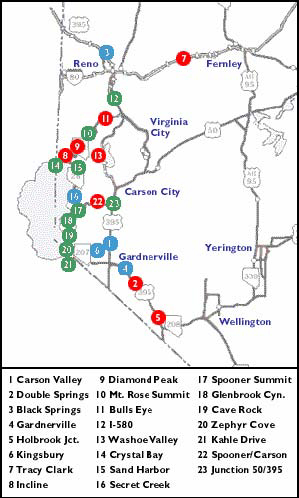This figure shows a map with twenty-three station locations listed and respectively numbered. The numbers, encircled in various colors are placed along specific routes on the map. Number one through 23 respectively, the list of station reads: Carson Valley, Double Springs, Black Springs, Gardnerville, Holbrook Junction, Kingsbury, Tracy Clark, Incline, Diamond Peak, Mount Rose Summit, Bulls Eye, I-580, Washoe Valley, crystal Bay, Sand Harbor, Secret Creek, Spooner Summit, Glenbrook Canyon, Cave Rock, Zephyr Cove, Kahle Drive, Spooner/Carson, and Juntion 50/395. The majority of the stations are located on the map along the routes of 395, 207, and route 25.
