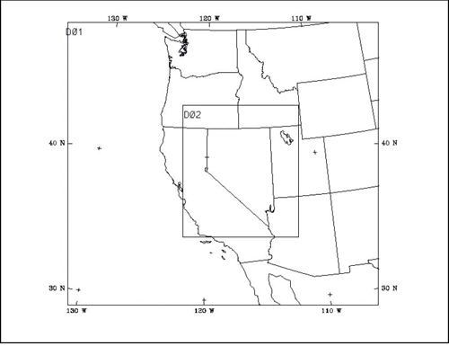 The map is a line drawing of the western one-third of the United States. The map is set inside a large square defined as D01 with longitudinal and latitudinal indices along the top, bottom and sides. Across the top and bottom the reference points read left to right as 130 W, 120 W and 110 W, and along both sides the read 40 N and 30 N. A smaller square defined as D02 is drawn on top of the map around a section that has the State of Nevada in the middle. Included in the square around Nevada are the southeastern corner of Oregon and the southern half of Idaho to the north; the western half of Utah and the northwestern corner of Arizona to the east and south; and the majority of the State of California to the south and west.