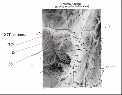 This figure shows a satellite photo of the Hudson Valley of New York with various spots marked, representing the Hudson Valley Ambient Meteorological Study airports and State Department of Transportation stations. Three Department of Transportation stations in particular are pointed out by red lines drawn outside the map with their names indicated. The three are in the center of the map and are located near each other on a north/south line. The northern most one is called rt29, the middle one is called rt5, and the southern most one is called i88