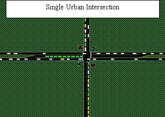 This illustration shows an illustration of a traffic intersection, the background of the illustration in green and the lanes of traffic in black, crossing in the center of the illustration. The illustration shows a single lane coming from the left-hand side which extends to two lanes before the intersection, allowing for traffic to turn left, go straight, or turn right, and extends through the intersection, returning back to a single lane. Working clockwise around the illustration, it also shows a single lane from the top allowing for traffic to turn right, left, or continue straight through the intersection. From the right hand side, a single lane extends to two prior to the intersection, allowing for traffic to turn left, right, or continue straight through the intersection where the two lanes return to one single lane. Finally, the illustration shows a single lane from the bottom, allowing for traffic to turn left, right, or continue straight through the intersection.