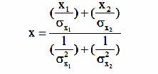 Equation 1.  x equals the sum of x subscript 1 divided by omega subscript x subscript 1 squared and x subscript 2 divided by omega subscript x subscript 2 squared divided by the sum of one divided by omega subscript x subscript 1 squared  and one divided by omega subscript x subscript 2 squared.