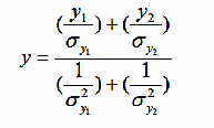 Equation 2.  y equals the sum of y subscript 1 divided by omega subscript y subscript 1 squared and y subscript 2 divided by omega subscript y subscript 2 squared divided by the sum of one divided by omega subscript y subscript 1 squared  and one divided by omega subscript y subscript 2 squared.