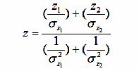 Equation 3.  z equals the sum of z subscript 1 divided by omega subscript z subscript 1 squared and z subscript 2 divided by omega subscript z subscript 2 squared divided by the sum of one divided by omega subscript z subscript 1 squared  and one divided by omega subscript z subscript 2 squared.