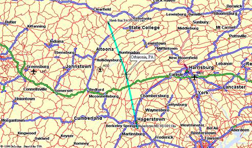 Figure 1. Map. Map of South-Central PA showing Hawk Run, PA; Hagerstown, MD; and Orbisonia, PA. The latter test site is approximately 80 kilometers (km) from the reference stations. This figure is a map of south central Pennsylvania and north central Maryland with lines drawn from Hagerstown, Maryland, and Hawk Run, Pennsylvania, to the location of the multistation test at Obisonia, Pennsylvania.   The line from Hawk Run, Pennsylvania, runs at approximately 170 degrees and the line from Hagerstown, Maryland, runs at 350 degrees. The line is almost straight.