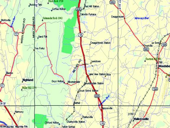Figure 19.  Map. Map segment of test site along U.S. Route 15 north of Frederick, MD. This is a map of U.S. 15 north of Frederick, Maryland and south of Thurmont, Maryland.  It illustrates the route taken to perform the driver characterization analysis.  The route is relatively straight, but curves slightly to the east as the route goes to the north.
