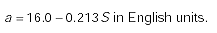 A is equal to 16.0 minus 0.213 times capital S, in English units.