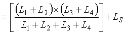 Capital L subscript Capital D is equal to the sum of the quotient of the product of the sum of Capital L subscript 1 plus Capital L subscript 2 times Capital L subscript 3 times Capital L subscript 4 all over Capital L subscript 1 plus Capital L subscript 2 plus Capital L subscript 3 plus Capital L subscript 4, all added to Capital L subscript Capital S.